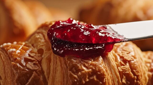 Macro Shot of Red Jam on a Fresh Golden Croissant
