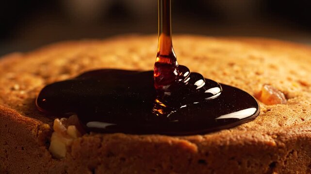 Rich dark syrup pouring onto a textured golden baked cake