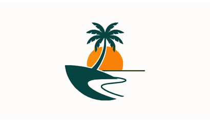 Minimal tropical paradise island silhouette with sun and palm vector design © Nirendranath