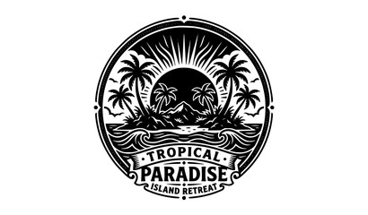 Retro tropical island silhouette with palm trees sun and ocean vector badge © Nirendranath