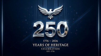 Naklejka premium Silver 250 years heritage celebration logo with eagle and, 250 Years Anniversary, 250 YEARS, USA 250 Years Independence Anniversary, 1776-2026