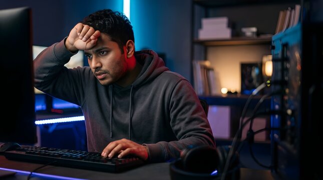 Stressed gamer wiping sweat from forehead while playing video games at home