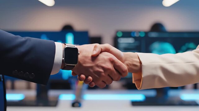 Business handshake in high tech office with data screens. Corporate partnership and technology. Digital innovation concept