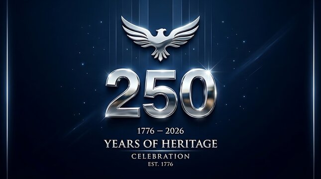 Silver 250 years heritage celebration logo with eagle and, 250 Years Anniversary, 250 YEARS, USA 250 Years Independence Anniversary, 1776-2026