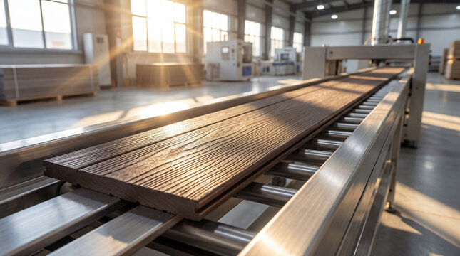 Close-up of a textured composite decking (WPC) board moving on an automated factory conveyor belt, highlighting modern wood plastic composite manufacturing