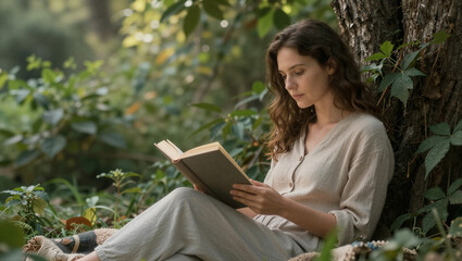 Fototapeta premium Woman reads quietly beside a tree in a green forest. Her calm gaze shows deep concentration and peace. Soft light filters through leaves above her. She sits comfortably on mossy ground
