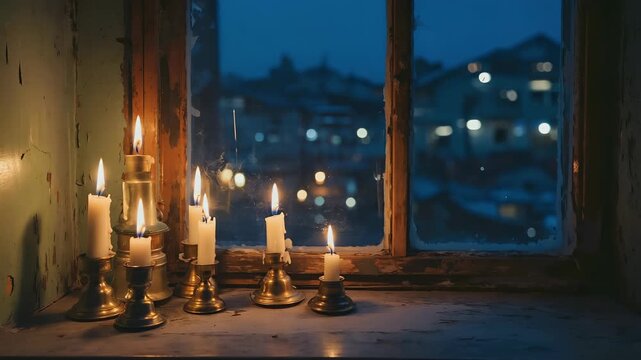 A row of candles flickers softly on a windowsill at night with warm flames and blurred city lights glowing through the glass