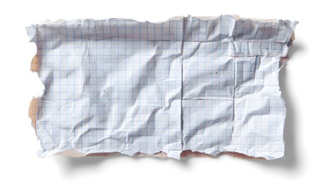 Torn piece of squared paper with tape isolated on white background background, crumpled notebook sheet for notes and reminders