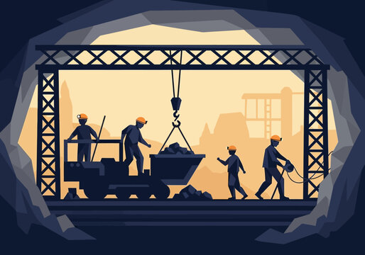 Flat Vector Illustration of Underground Coal Mining Operation with Industrial Workers and Heavy Equipment in a Dark Cave Tunnel