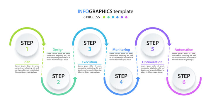Business infographic design template with 6 infodatas. Development of the business.