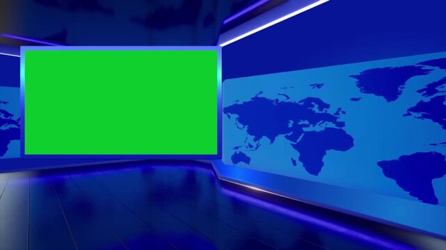Blue 3d virtual news studio background, big green screen display panel, digital world map background for television broadcast show, motion graphics