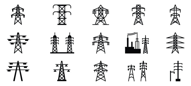 Electric power transmission icon set featuring pylons, transformers, lightning, and energy grid infrastructure symbols.