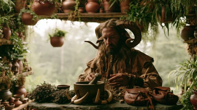 Mysterious Herbalist in a Lush Workshop