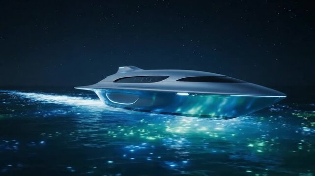 Futuristic sleek yacht gliding across bioluminescent ocean waters under a starry night sky in this cinematic 4k video clip showing smooth motion and advanced vessel design