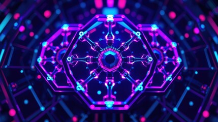 Fototapeta premium Abstract digital tunnel. Glowing neon lines form complex hexagonal patterns. Dark background emphasizes vibrant blue, pink hues. Futuristic design.