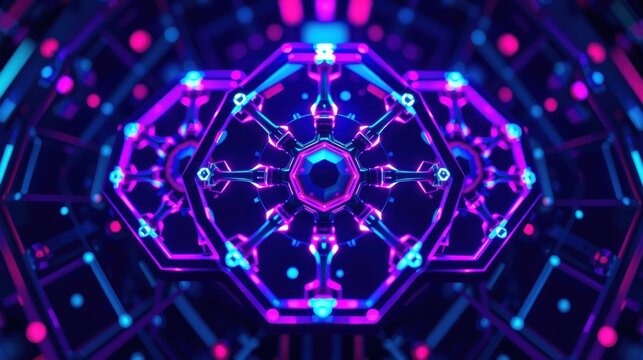 Abstract digital tunnel. Glowing neon lines form complex hexagonal patterns. Dark background emphasizes vibrant blue, pink hues. Futuristic design.
