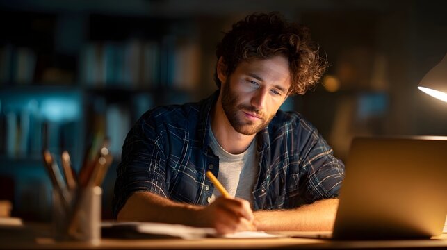 Young adult European man looking at laptop pc screen. Motivated latin student writing notes during lesson, watching webinar, learning online, sitting at work desk in office. Web banner, copy space