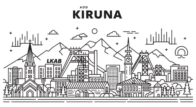 Kiruna Sweden Cityscape Black and White Linear Illustration
