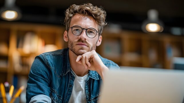 Young adult European man looking at laptop pc screen. Motivated latin student writing notes during lesson, watching webinar, learning online, sitting at work desk in office. Web banner, copy space