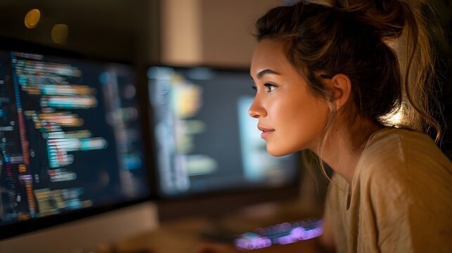 Young Hispanic Woman Programming Software Applications On Computer