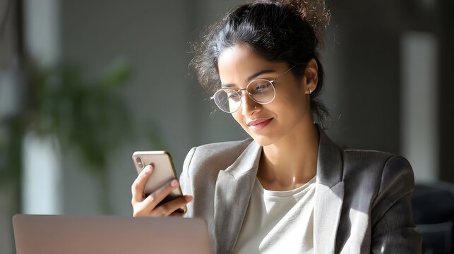 Young Indian business woman manager ceo using cell phone mobile app laptop. Latin Hispanic mature female businesswoman holding smartphone in office trading, working online. Web banner, copy space