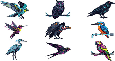 Fototapeta premium Neon Style Exotic Bird Collection Featuring Owl Raven Parrot Kingfisher Eagle and Hummingbird in Futuristic Wildlife Vector Illustration Set