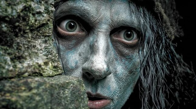 Startled hag hiding. Baba yaga