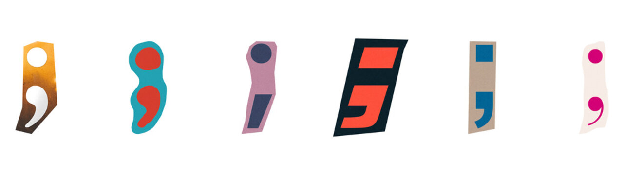 Set of colorful semicolon punctuation marks in different styles isolated on transparent background