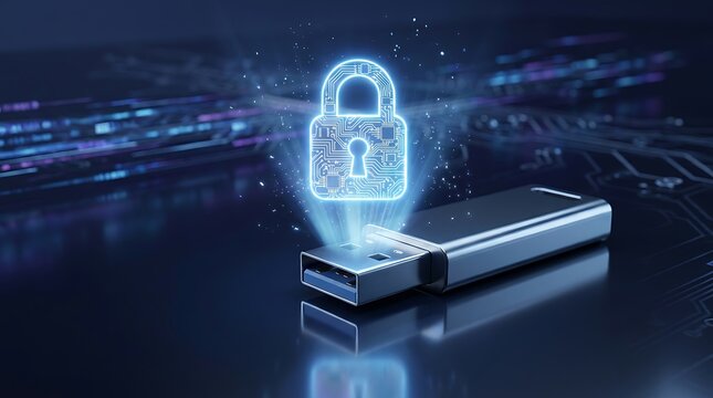 Digital security concept with a USB flash drive projecting a glowing padlock hologram with circuit board pattern over abstract data streams