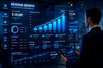 Fototapeta premium A modern professional examines a futuristic revenue graph, its rising bars reflecting innovation, profitability, and the momentum of business growth and expansion.