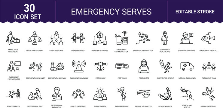 Emergency services icon set includes first responders disaster relief and rescue symbols.