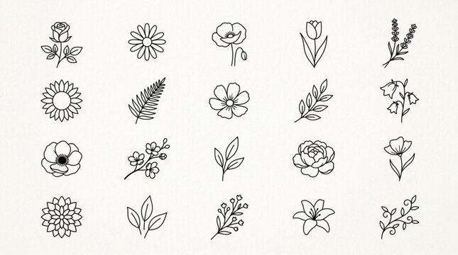 Collection of Hand Drawn Floral Elements and Botanical Illustrations.