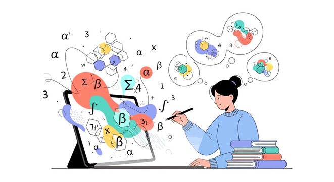 Young woman learning mathematics and science concepts online.