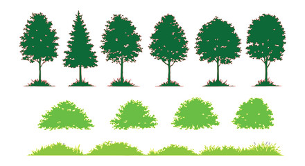 Green tree silhouettes and garden bushes collection, 14 landscape vegetation elements, flat vector forest plants and grass tufts for architectural site plans © Faisal