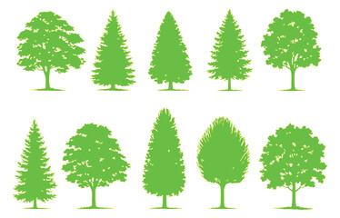 Fototapeta premium Green tree silhouettes collection, set of 10 organic forest tree icons, flat vector nature elements for landscape design and environmental graphics