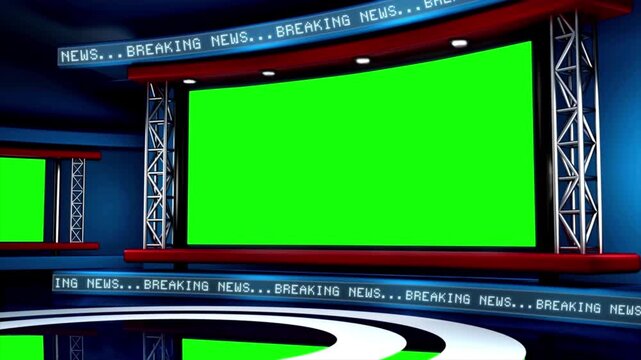 Breaking news 3d virtual studio background, large green screen display panel with ticker text, television broadcast room layout for media overlay, footage.
