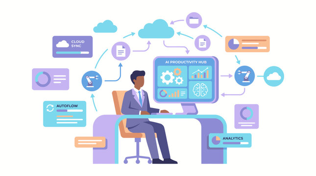 Businessman working on computer with data management system illustration.