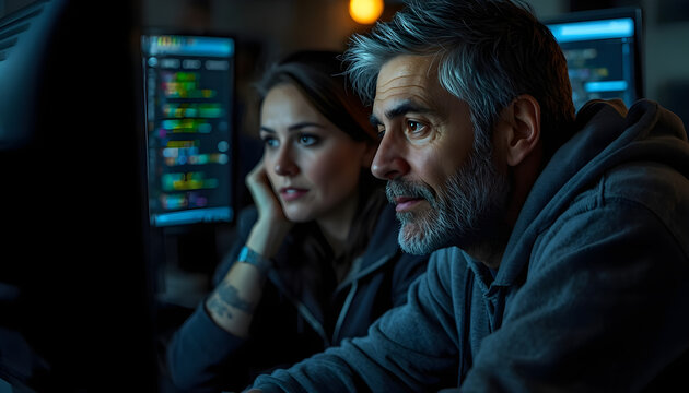 two people discussing in front of a screen for coding