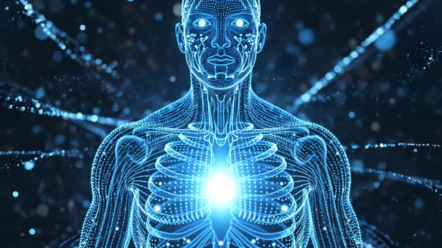 Human body digital anatomy scan highlighting geometric patterns and contemporary art
