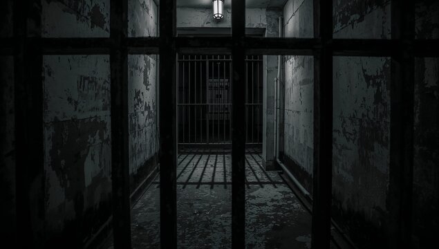 Dark and Foreboding Industrial Prison Cell With Metal Bars and Dim Lighting