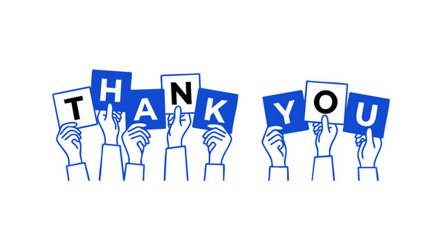 Thank you text with raised hands holding cards vector illustration