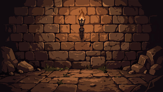 Pixel dungeon wall with torch medieval game background