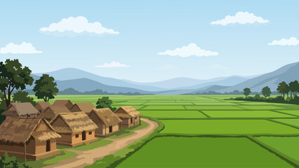 Countryside village with green farmland and distant mountains © AnwarHosan