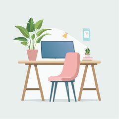 Fototapeta premium Cozy home office with desk, chair, computer, and plants on a light background