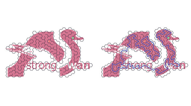 Pink puzzle pieces form two stylized bird shapes. Left bird faces right, right bird faces left. Both birds carry "Strong Man" text below. Design uses bold, irregular, puzzle-like patterns