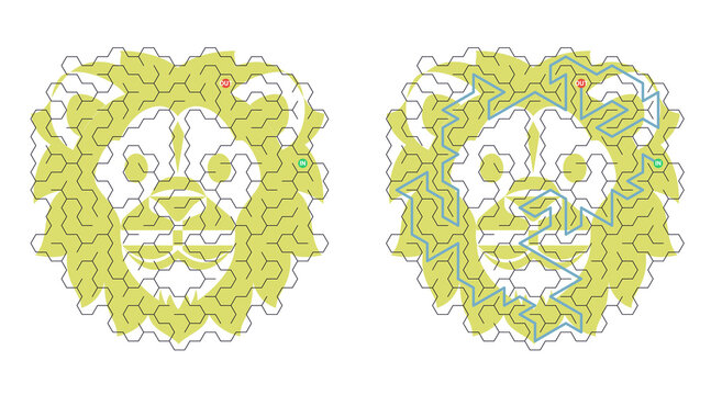 Lion's face made of interlocking puzzle pieces. Left side shows simple, clean lines. Right side adds winding, complex paths. Bright yellow background enhances contrast