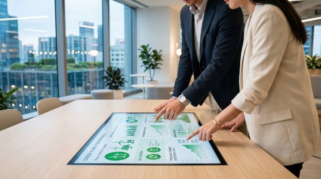 Two business professionals discussing green energy performance report on interactive tablet display table, corporate sustainability strategy planning in bright modern conference