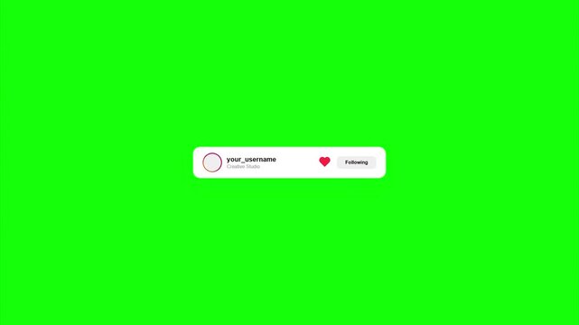 Social Media User Interface Follow and Like Button Animation Motion Graphics Chroma Key Green Screen Overlay for Influencer Content and Digital Marketing
