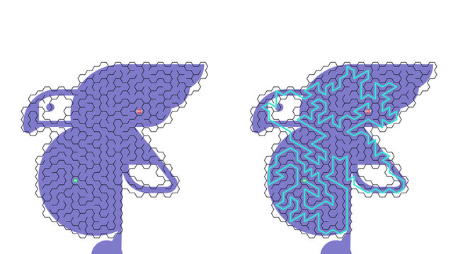 Purple maze-shaped animal with playful expression. Maze patterns mimic animal contours. Stylized design combines whimsy with clever structure. Perfect for games, puzzles, or playful branding