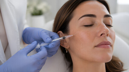 Naklejka premium A woman receives a cosmetic injection, likely a dermal filler or Botox, from a medical professional. The procedure is performed with care and precision to enhance facial features.